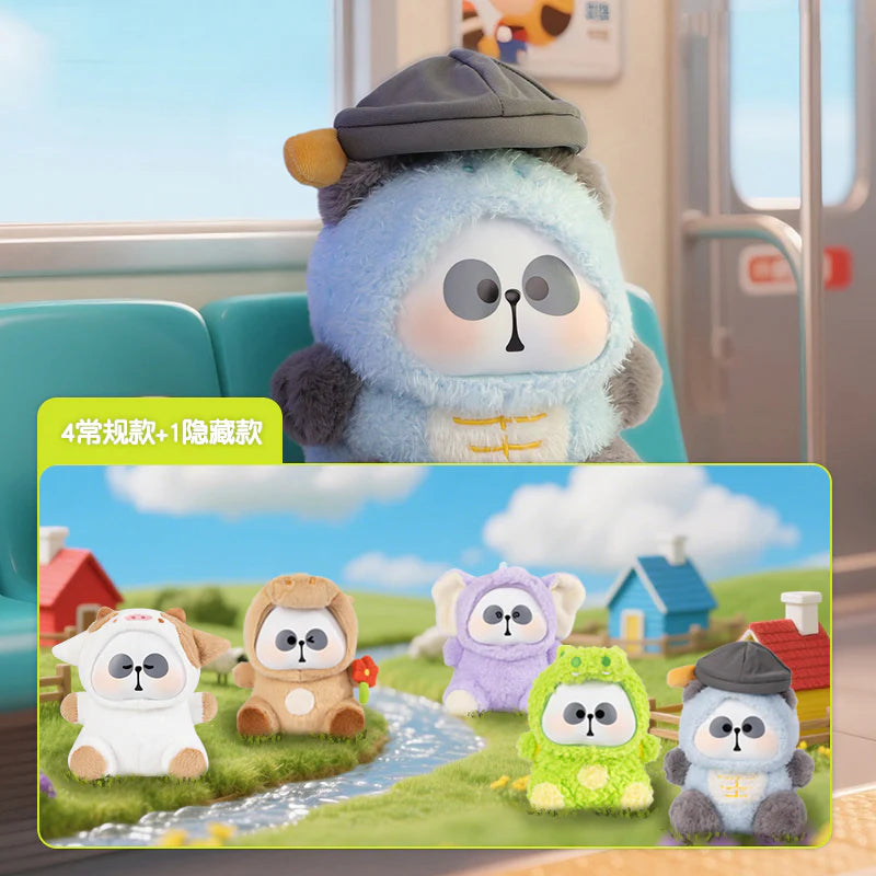 MR.PA-Cute Beast Company Series Plush Blind Box-200% featuring five plush figures in diverse animal costumes, including a hidden detective version, set by a toy village.