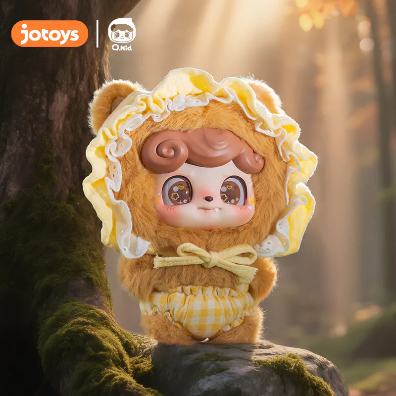 Q.kid Fairy Tales Series Plush Blindbox featuring a toy monkey in a garment, perched on a rock, part of a magical, collectible series.