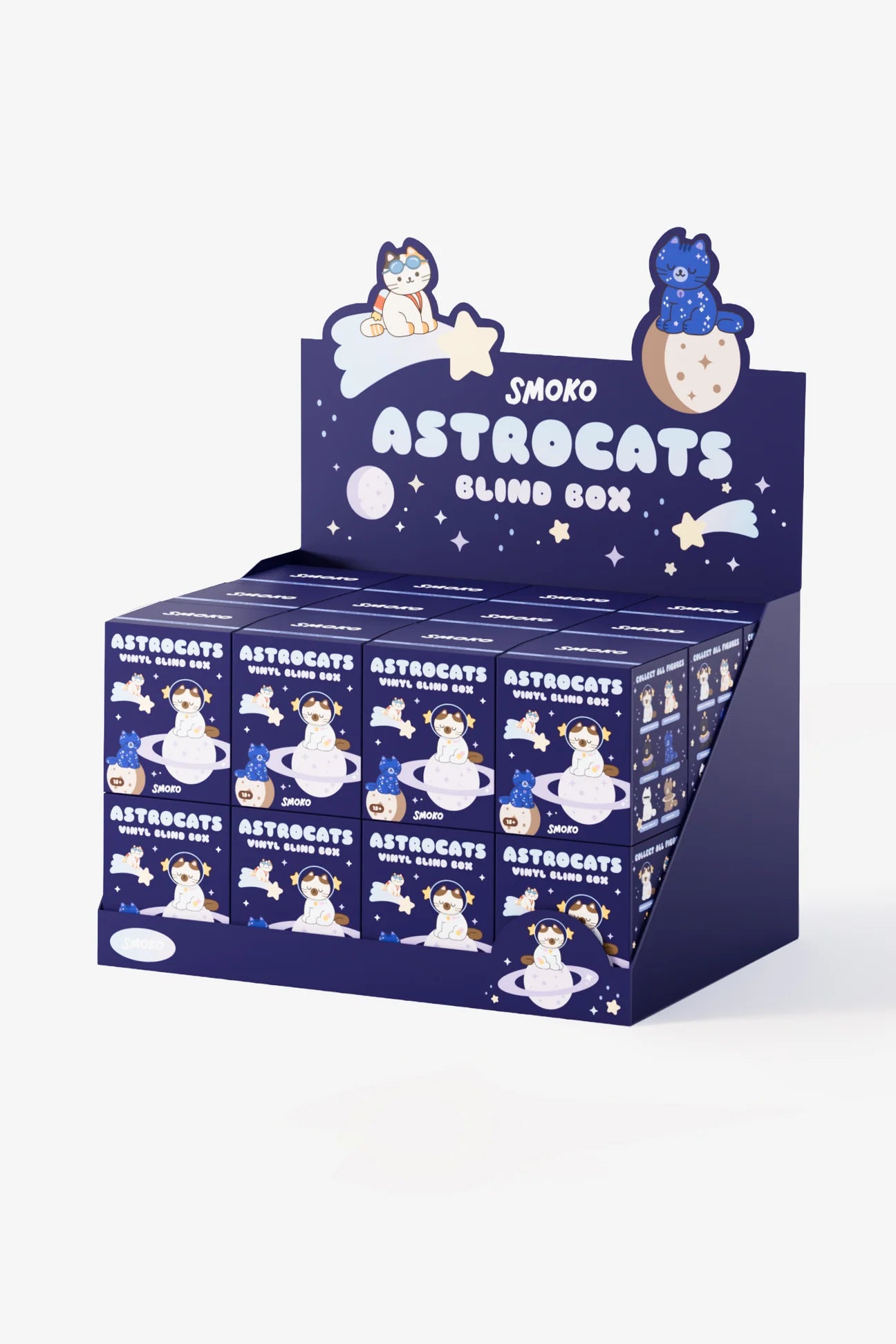Smoko Astro Cats Blind Box Figure display with space-themed packaging, featuring surprise vinyl collectibles of astro-cats, including glow-in-the-dark variants.