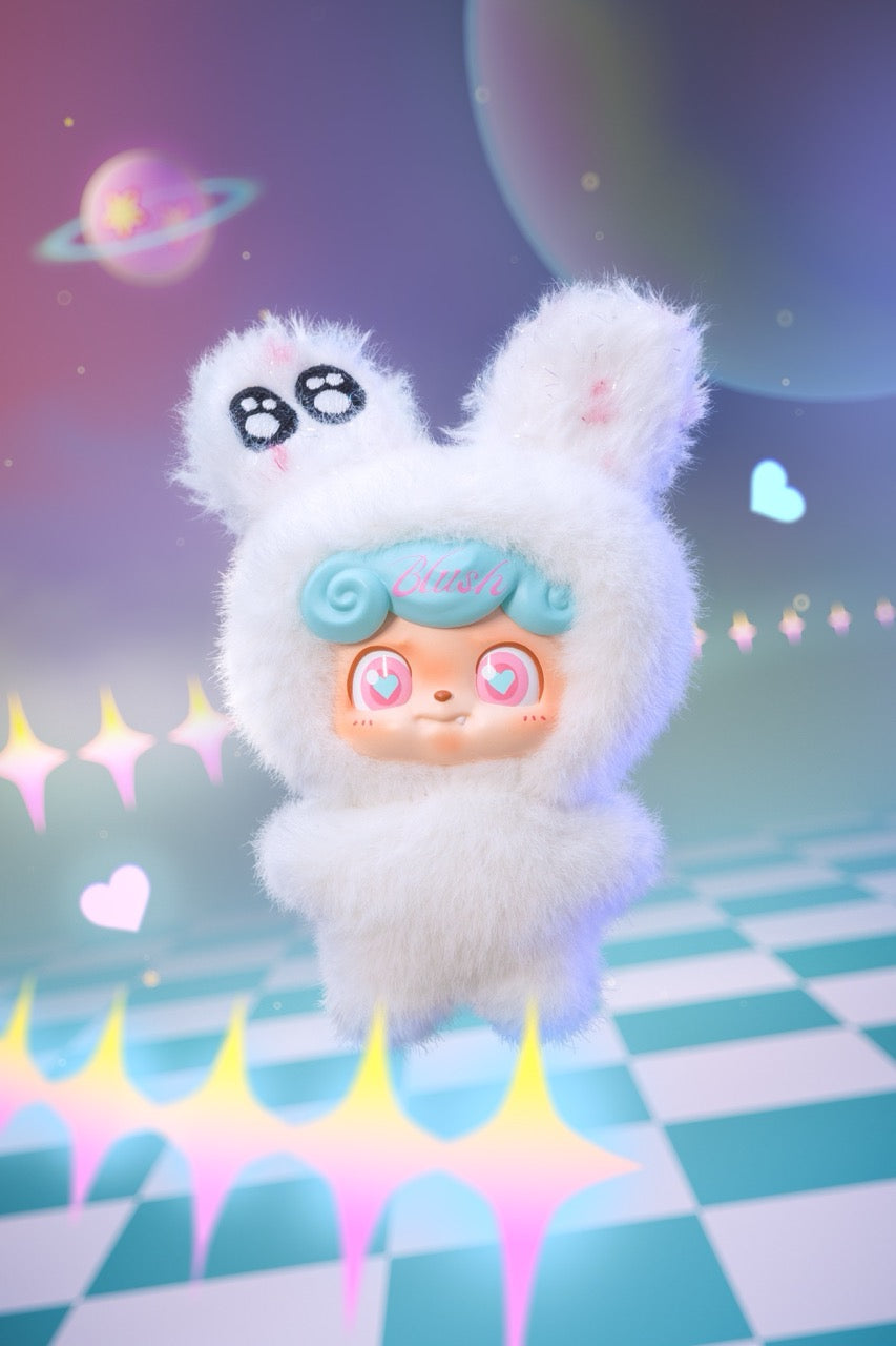 3D kawaii character in a bunny suit from Q. Kid Wave Club Series Plush Blind Box, featuring pastel-blue hair and heart-shaped eyes, floating in a whimsical scene.