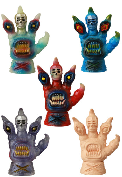 VAG SERIES 44 Fucking Four Fingers collectible vinyl toys, featuring horned, skull-faced hands in various colorways, each 2.5 inches tall.