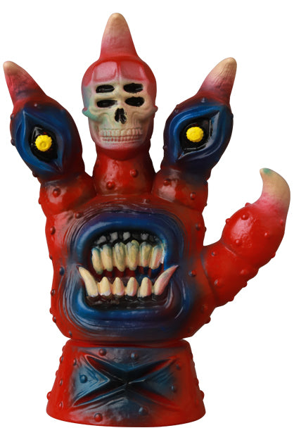 VAG Series 44 Fucking Four Fingers vinyl toy: stylized red hand with a snarling mouth, claw-like fingertips, bulging eyes, and a skull head.