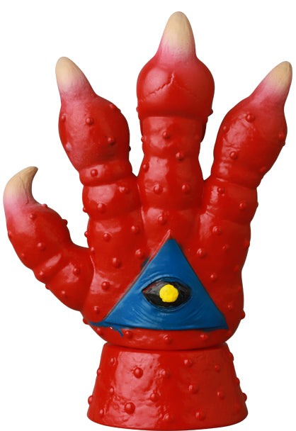 VAG Series 44 Fucking Four Fingers: Red vinyl monster hand with a blue eye motif, claw-like tips, 2.5 inches, art toy from Strangecat Toys.