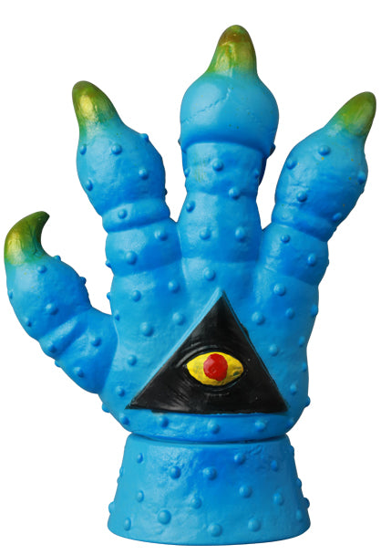 VAG Series 44 Fucking Four Fingers: A 2.5-inch blue vinyl hand sculpture with green-tipped fingers, textured surface, and a yellow-red eyeball on its palm.