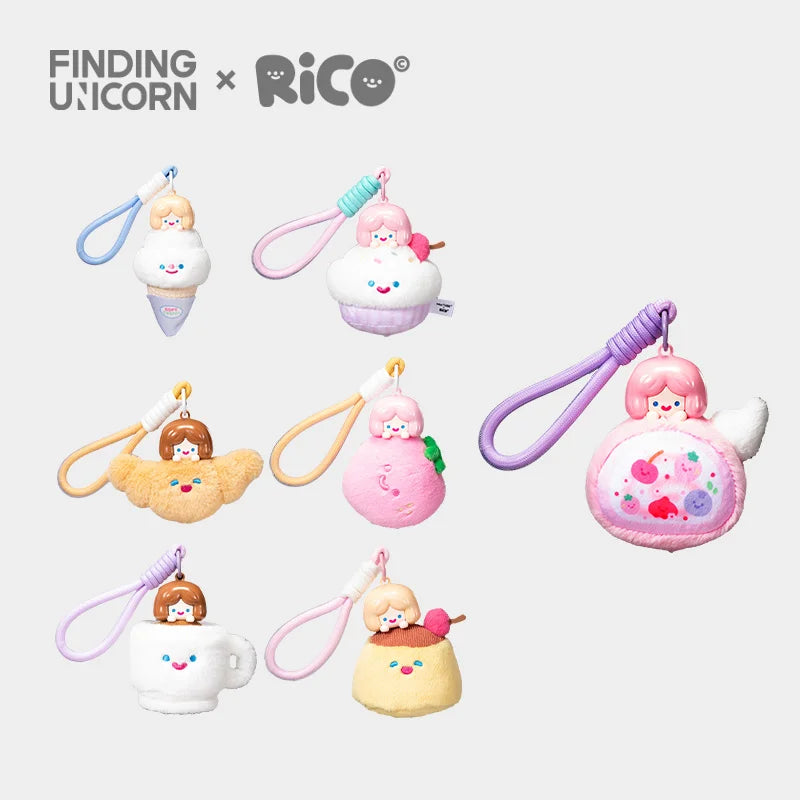 FINDING UNICORN RiCO Dessert Party Plush Aromatherapy Blind Box features pastel plush key-charms in dessert shapes, perfect for bags or keys.