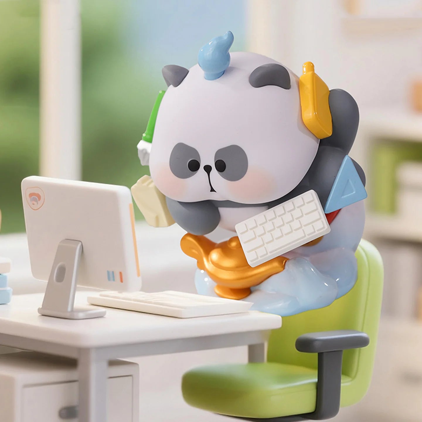 Stylized MR.PA Wish List Blind Box panda-unicorn figurine multitasking with office toys on a desk, available for preorder at Strangecat Toys.