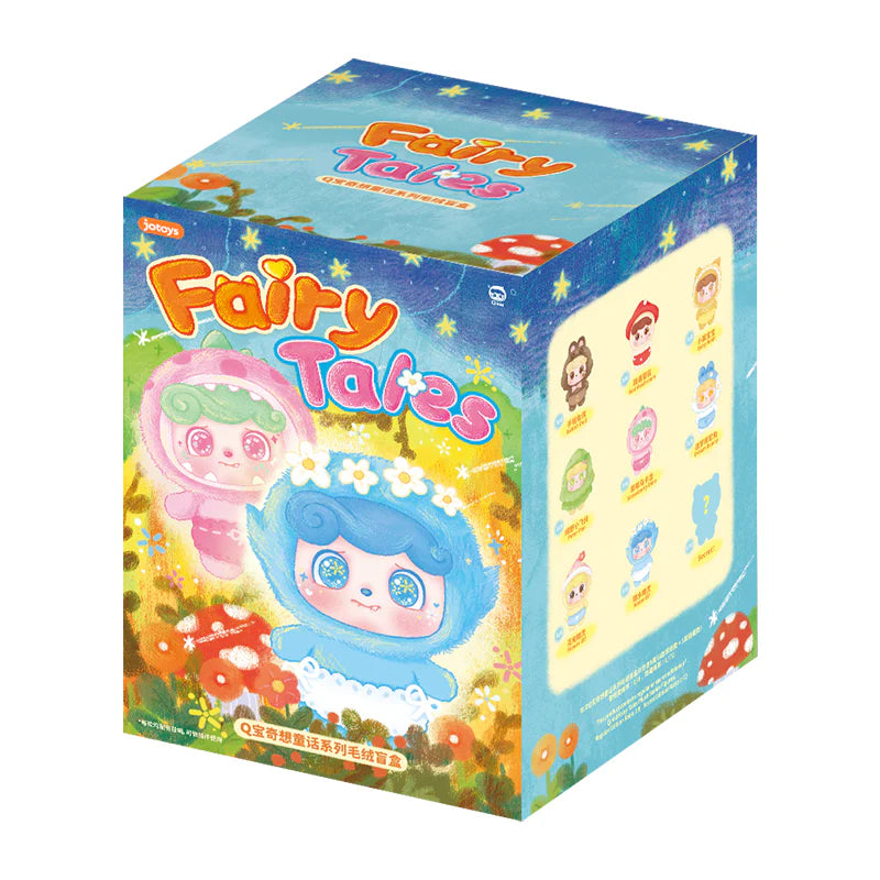 Q.kid Fairy Tales Series Plush Blindbox featuring cartoon character packaging, offering eight regular designs and one secret, available for preorder at Strangecat Toys.