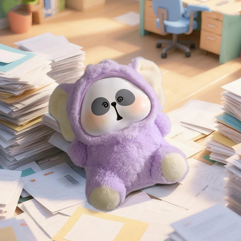 MR.PA-Cute Beast Company Series Plush Blind Box-200% in a purple onesie with big ears, lounging on a paper-strewn desk in an office setting.