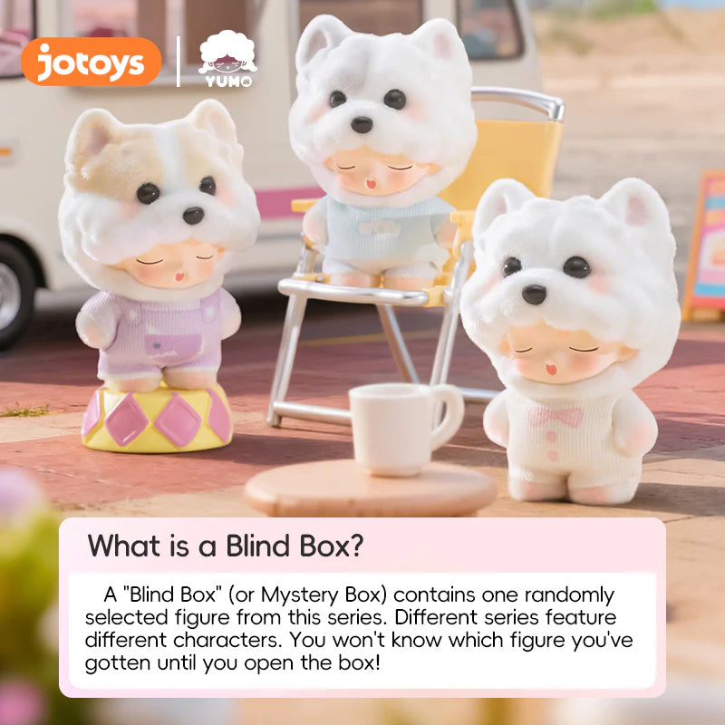 YUMO Cute Pet Family Mini Series: Chibi-style figures in fluffy dog costumes with props, part of a blind box collection for preorder at Strangecat Toys.