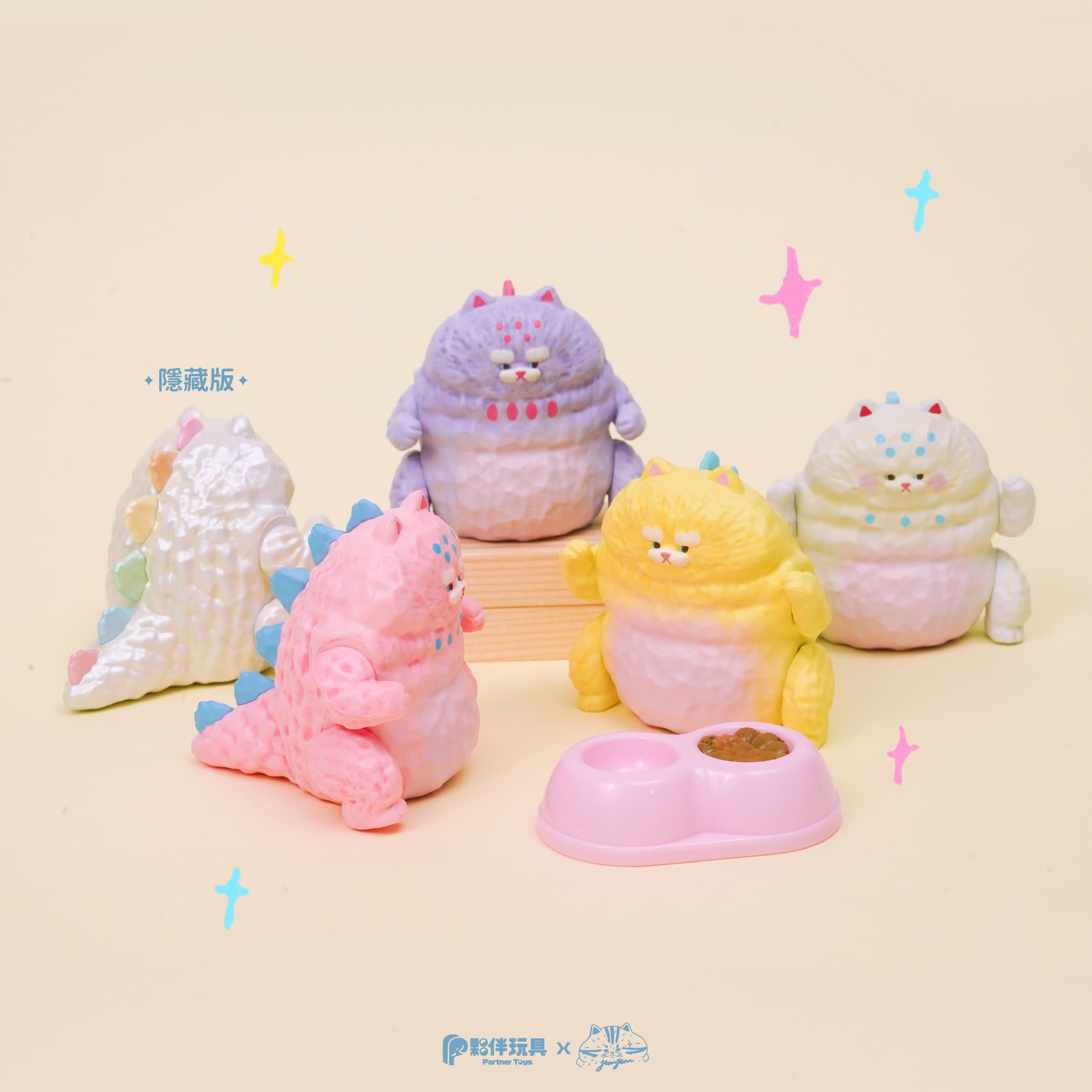 HanHanzoo - HanHan Dragon Blind Box vinyl figures, including a hidden variant, posed with a food bowl on a wooden block, perfect for preorder from Strangecat Toys.