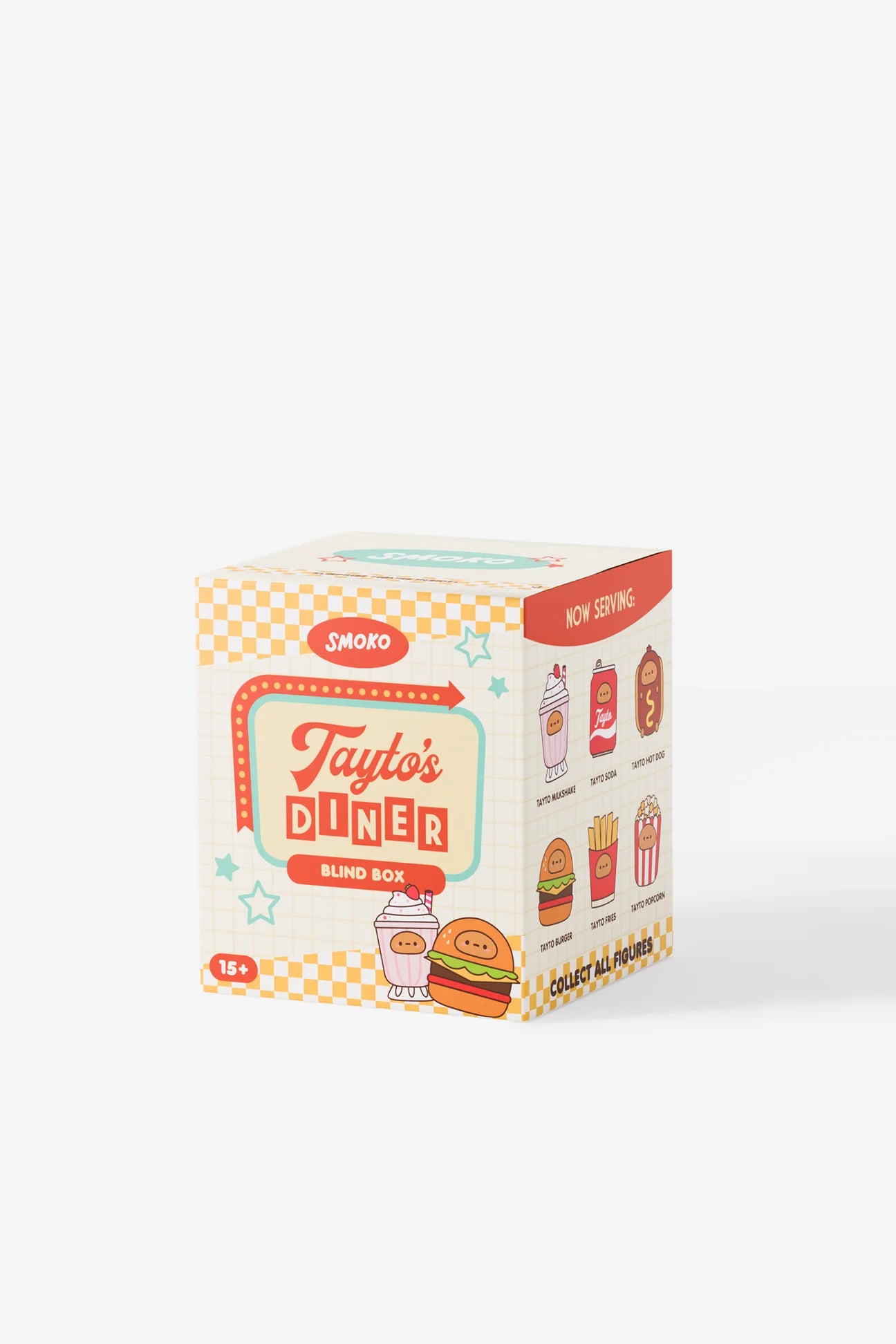 Tayto's Diner Blind Box Figure packaging showcases retro diner design, with six collectible Tayto snack mini-figures, highlighting the surprise and collectible nature.