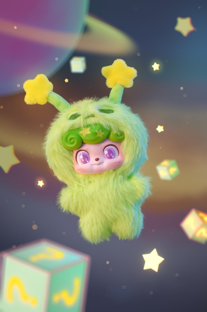Q. Kid Wave Club Series Plush Blind Box features a whimsical creature in a lime-green onesie, floating in a starry, dreamy space scene.