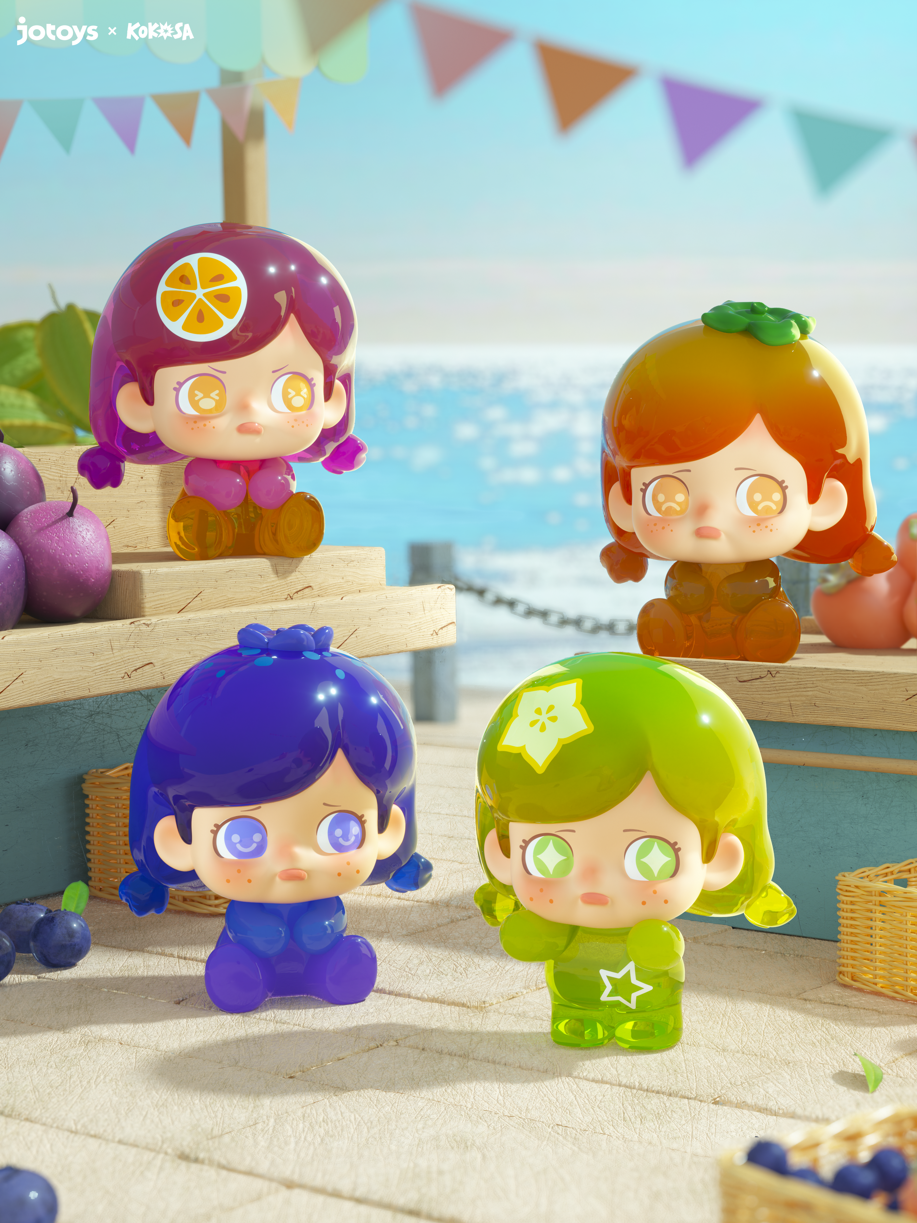 KOKOSA FRUIT PARTY SERIES BLIND BAG - Preorder. Four colorful, fruit-themed jelly figures on rustic market display, part of a limited artist-designed series.
