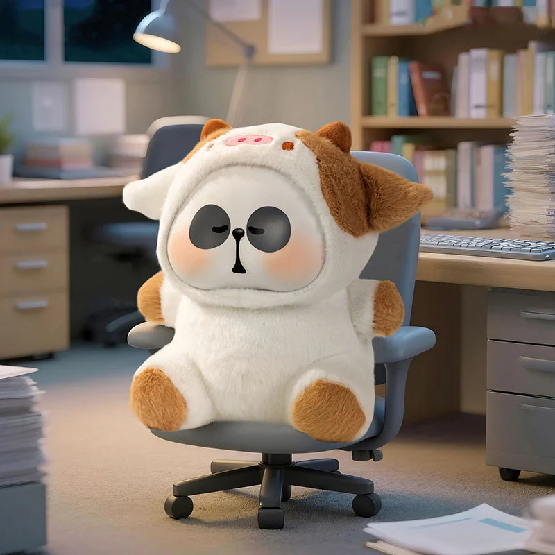 MR.PA-Cute Beast Company Series Plush Blind Box-200% features a panda in a cow onesie, seated in a cluttered workspace. Preorder for October 2025.