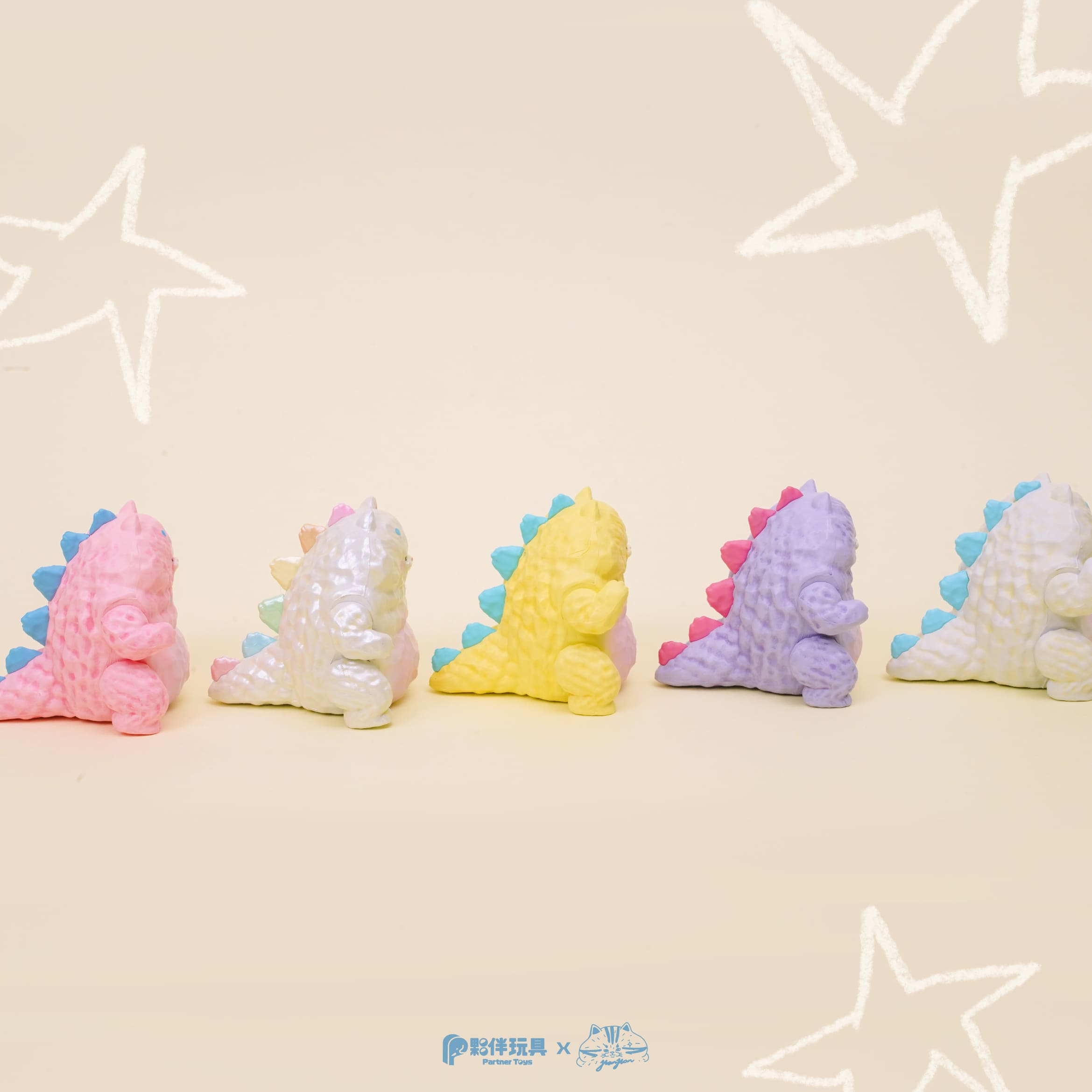 Five pastel dinosaur figures from the HanHanzoo - HanHan Dragon Blind Box, lined up with a Partner Toys logo, available for preorder at Strangecat Toys.