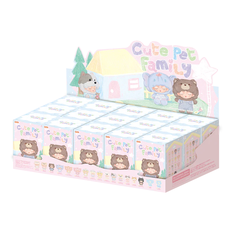 YUMO Cute Pet Family Mini Series blind-box toys with chibi characters in animal onesies, displayed in a countertop box, available for preorder.
