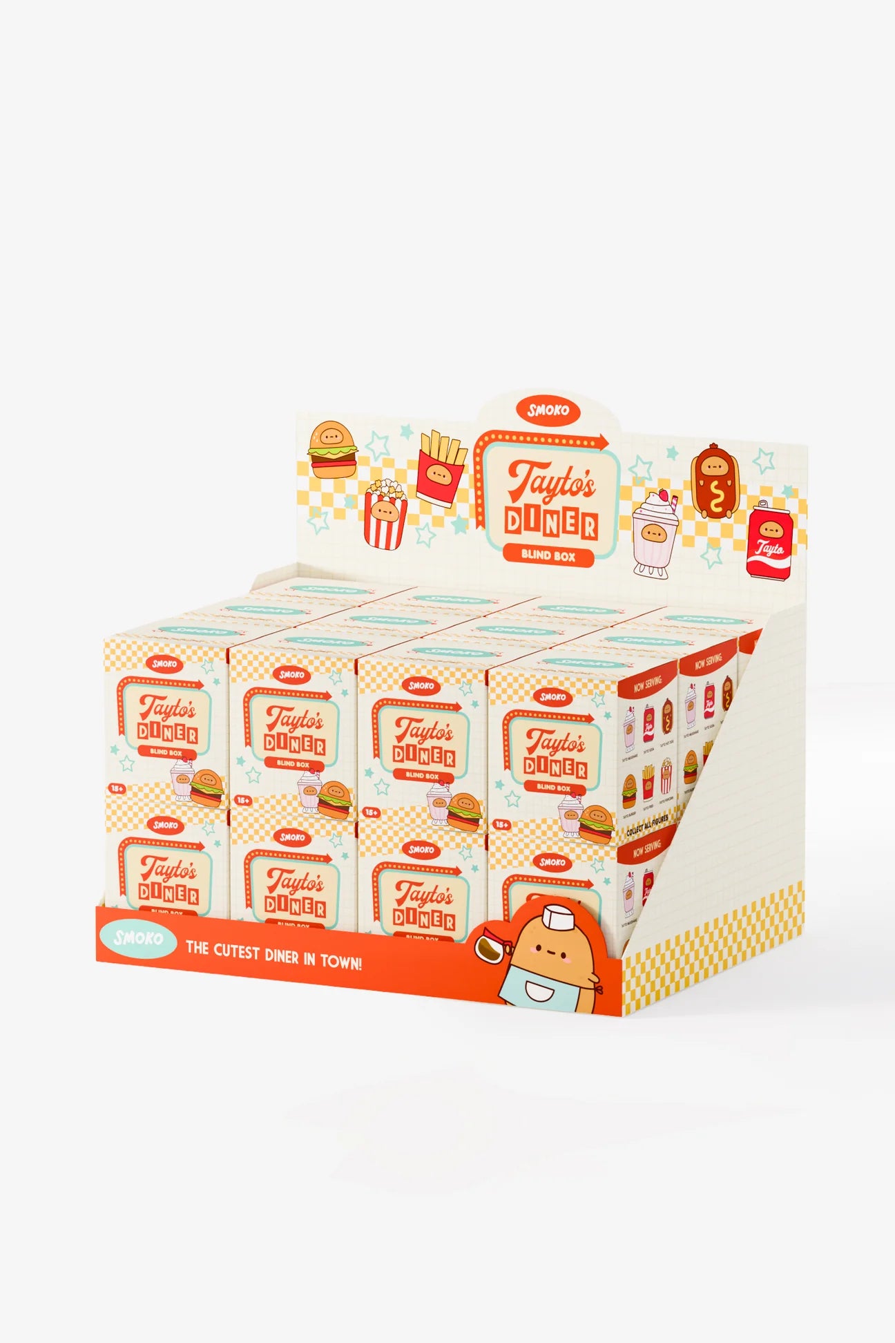 Tayto's Diner Blind Box display with mystery vinyl figures of cartoon diner foods, including burgers, hot dogs, and shakes, by Strangecat Toys.