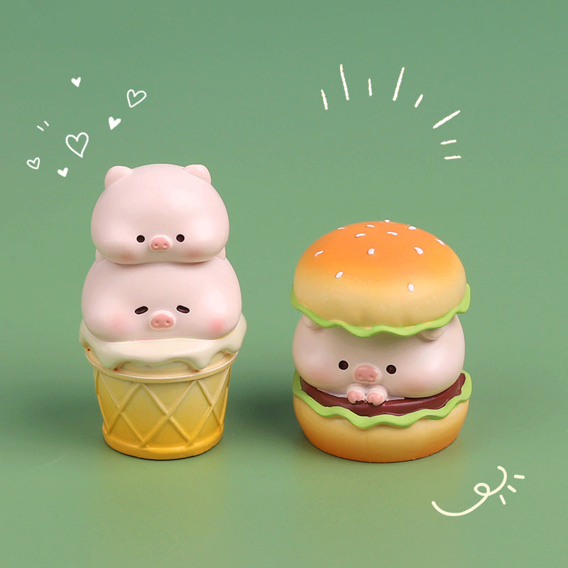 Toy pig on burger with pig figurine, part of Piggy Restaurant Depot Blind Box Series.