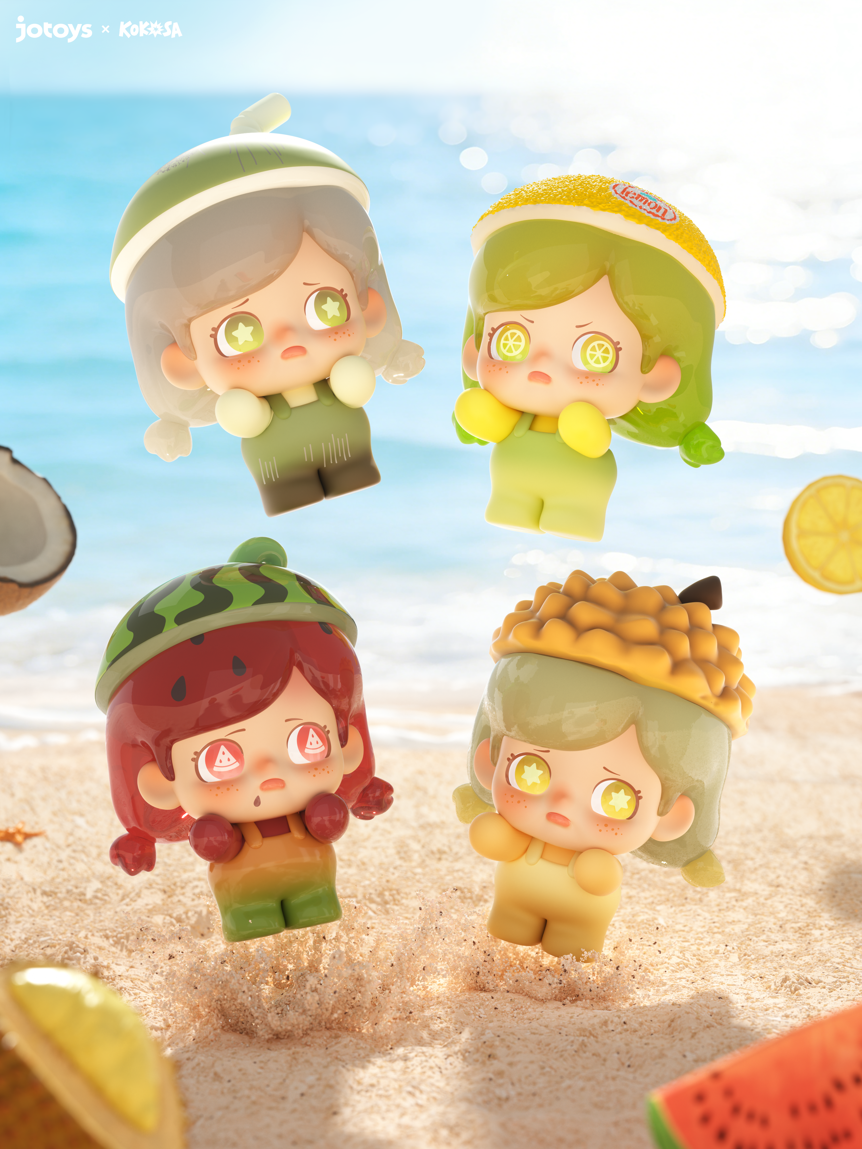 KOKOSA FRUIT PARTY SERIES BLIND BAG - Preorder features chibi figures with fruit-themed hats on a beach, showcasing playful designs and collectible art toy appeal.
