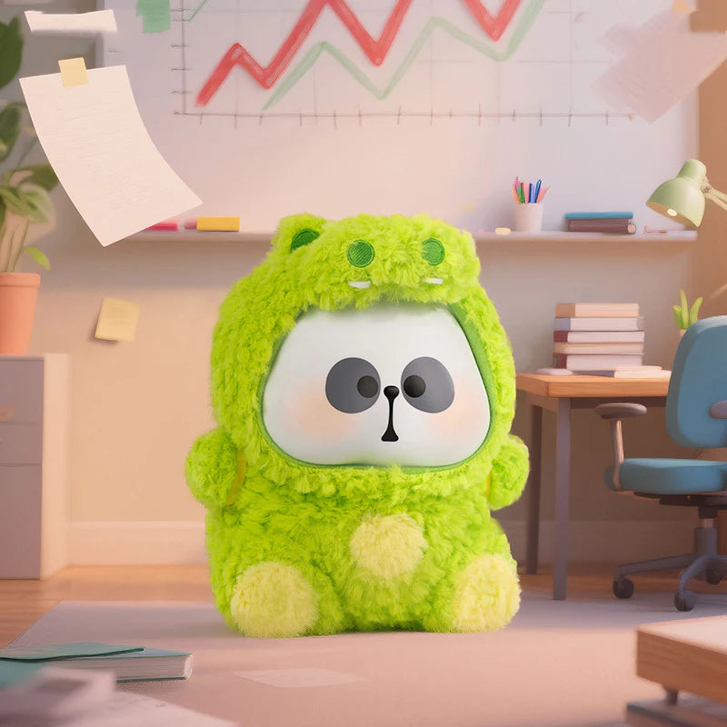 MR.PA-Cute Beast Company Series Plush Blind Box-200% in a study, featuring a lime-green, cartoon-style plush with a monster-like hood and surprised expression.