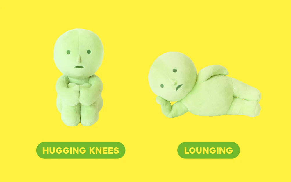 SMISKI Plush in two poses: sitting and hugging knees, and lounging with head propped. Soft texture ideal for comforting moments, perfect for Strangecat Toys fans.
