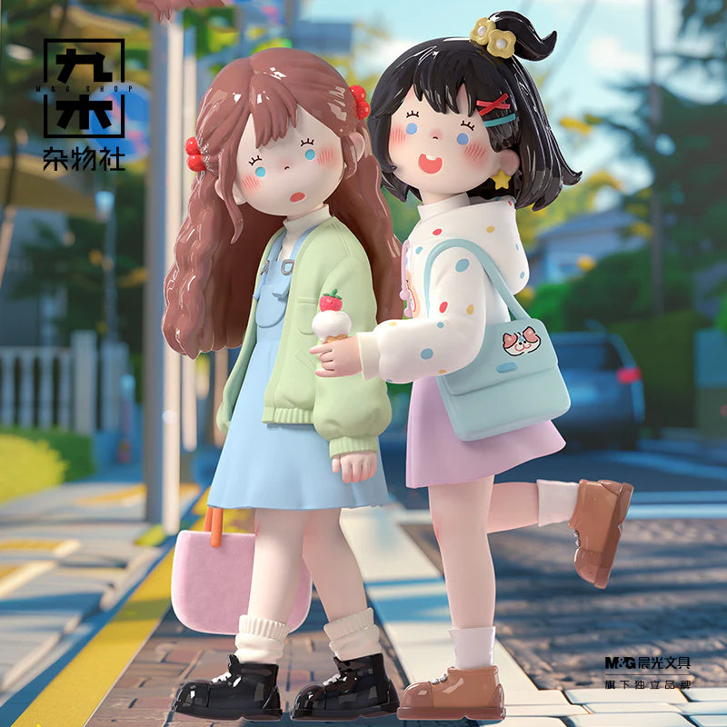 Suki-My Friends Series Blind Box: 3D render of resin-style figures, two girls in pastel outfits with accessories, part of a collectible set by M&G.