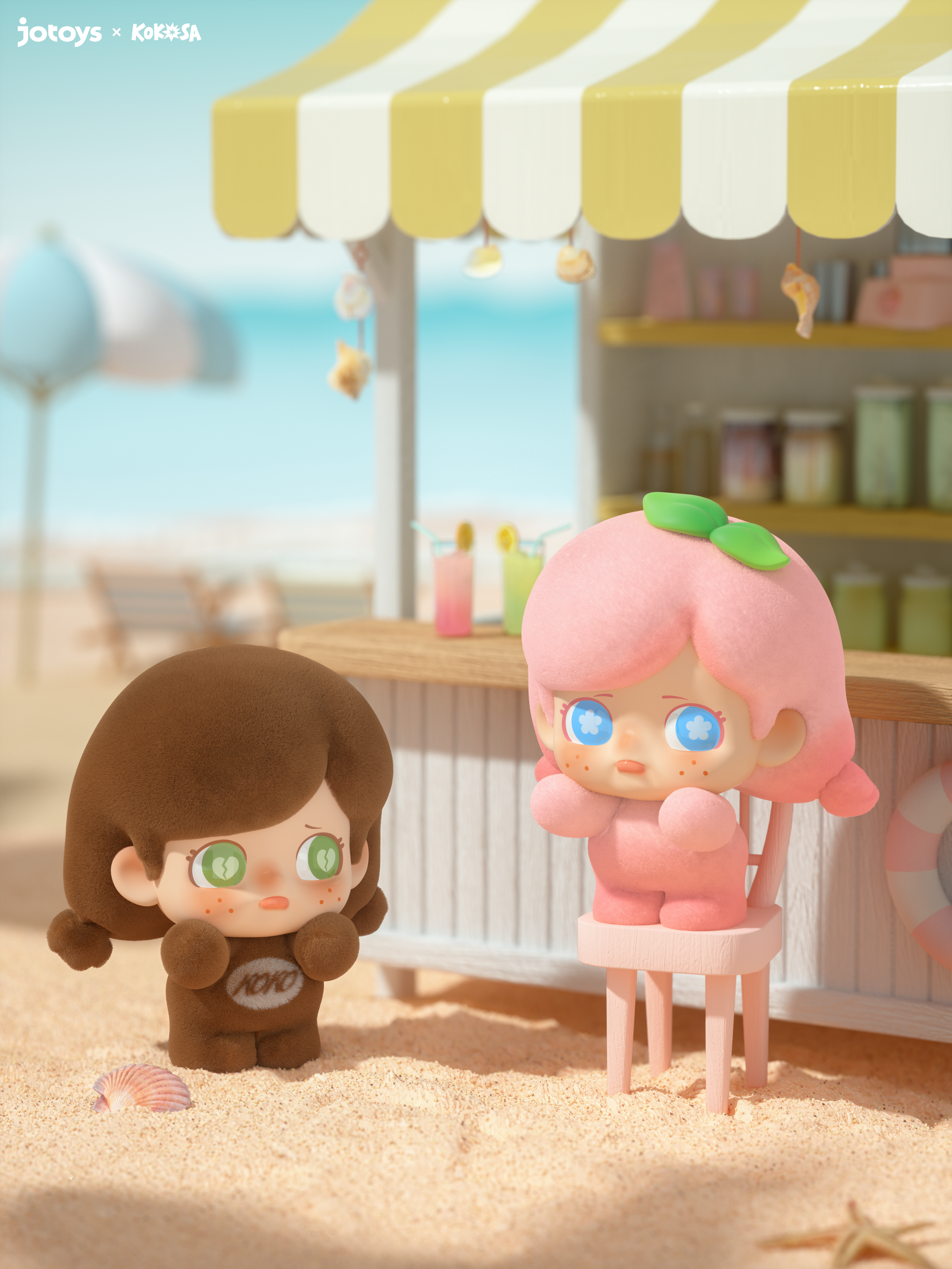 KOKOSA FRUIT PARTY SERIES BLIND BAG - Preorder. Two toy figures at a beach refreshment stand, showcasing whimsical, artist-designed characters in a blind box collection.