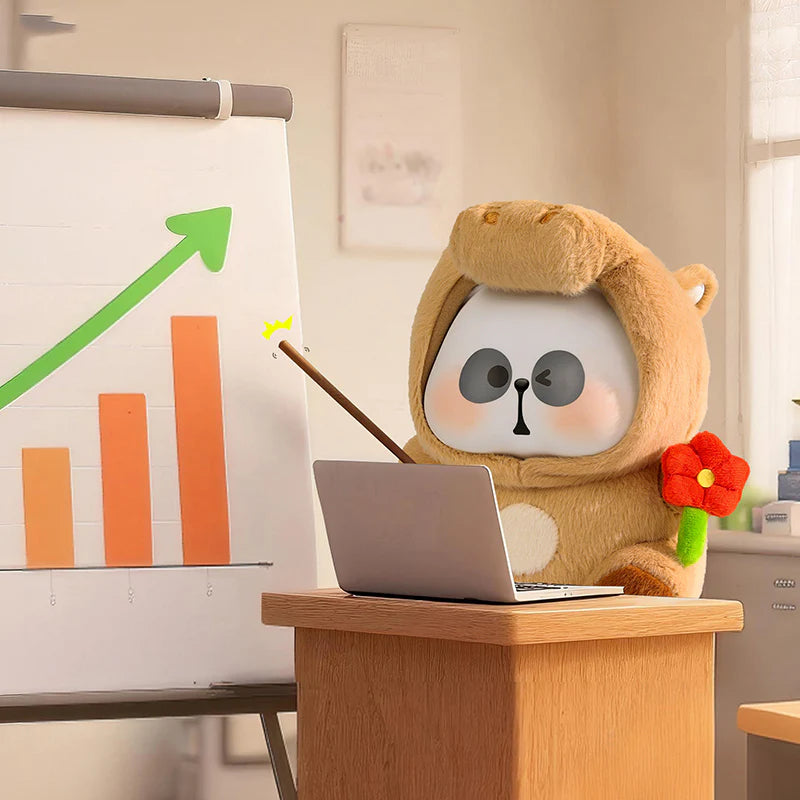 MR.PA-Cute Beast Company Series Plush Blind Box-200% shows a character in a bear suit at a desk, highlighting growth with a flip-chart.