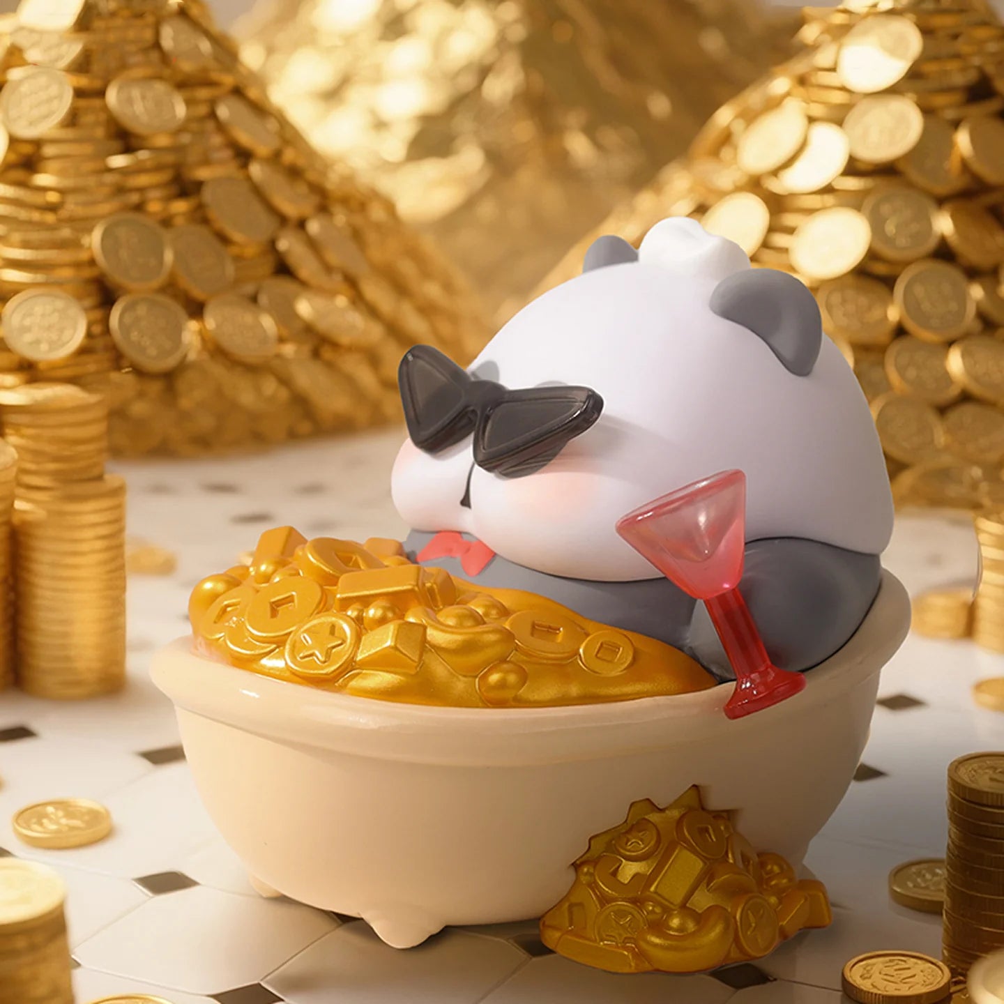 Cartoon panda reclines in treasure-filled tub with cocktail, part of MR.PA Wish List Blind box series, available for preorder at Strangecat Toys.