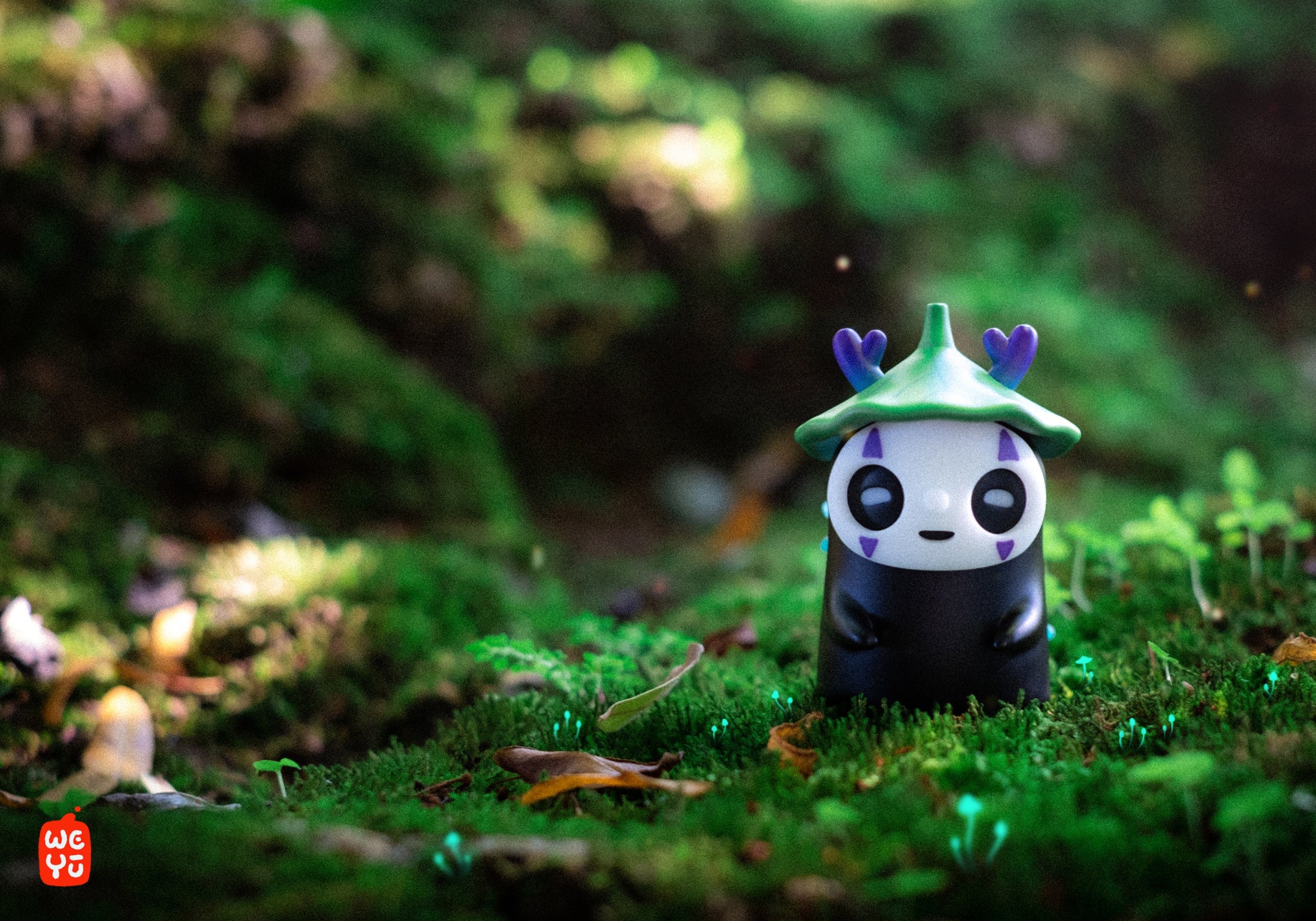 Tiny Muffinn: The Spirit Of Elements toy, wearing a hat, sits in grass. Preorder resin figure, 7cm, glows in dark. Limited edition, 200 pieces.