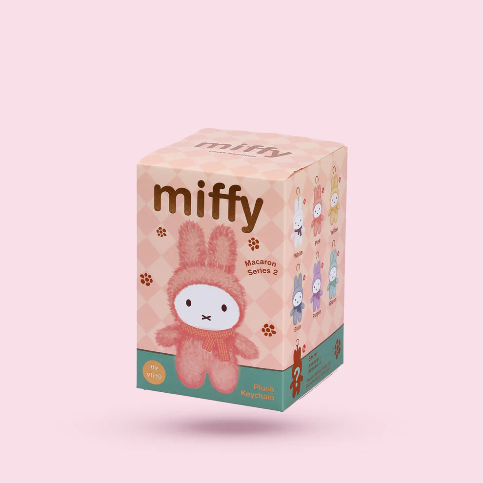 Miffy Macaron V2 Plush Keychain Blindbox packaging shows a fluffy pink Miffy and lineup of six standard variants plus a mystery figure.