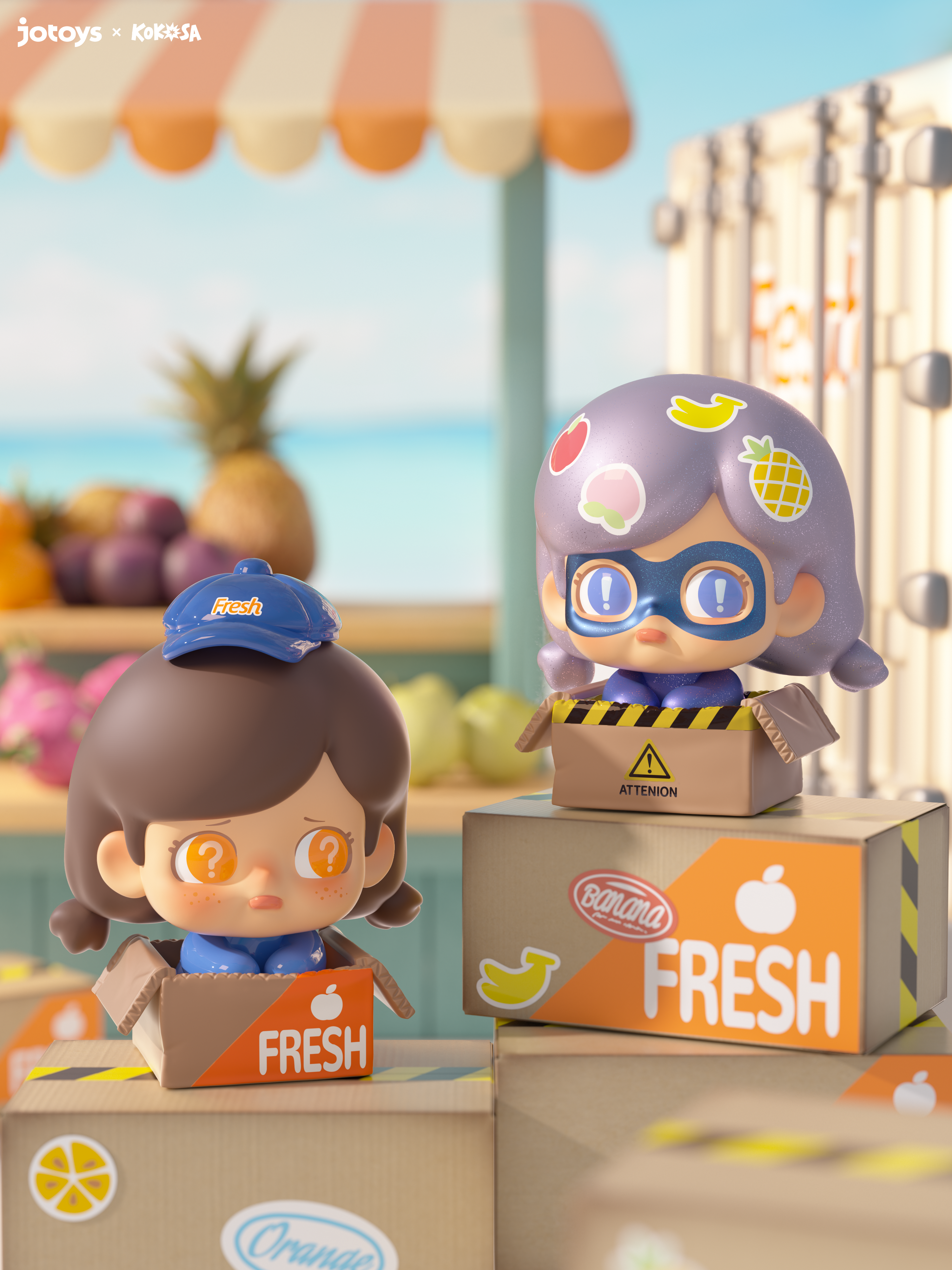 KOKOSA FRUIT PARTY SERIES BLIND BAG - Preorder: Two chibi figures in fruit crates at a beachside stand, part of a limited-edition, artist-designed collectible toy line.