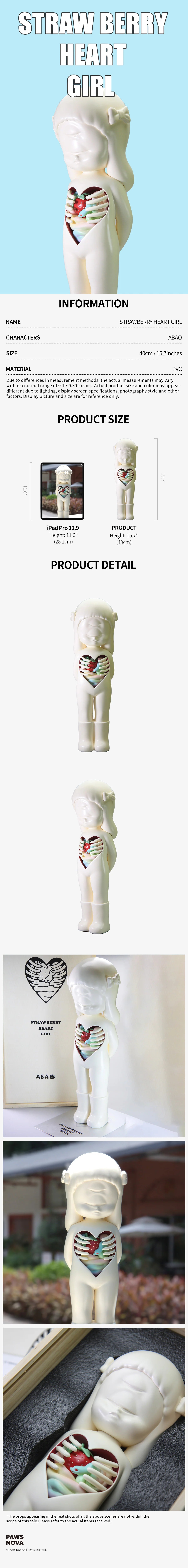 ABAO STRAWBERRY HEART GIRL figure, 15.7-inch PVC, close-up of wooden frame, preorder for August 2025, oversized shipping applies.