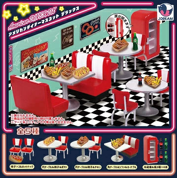 American Diner Mascot DX Gacha Series: Five miniature 1950s diner sets with booths, tables, and accessories, capturing classic American diner nostalgia.
