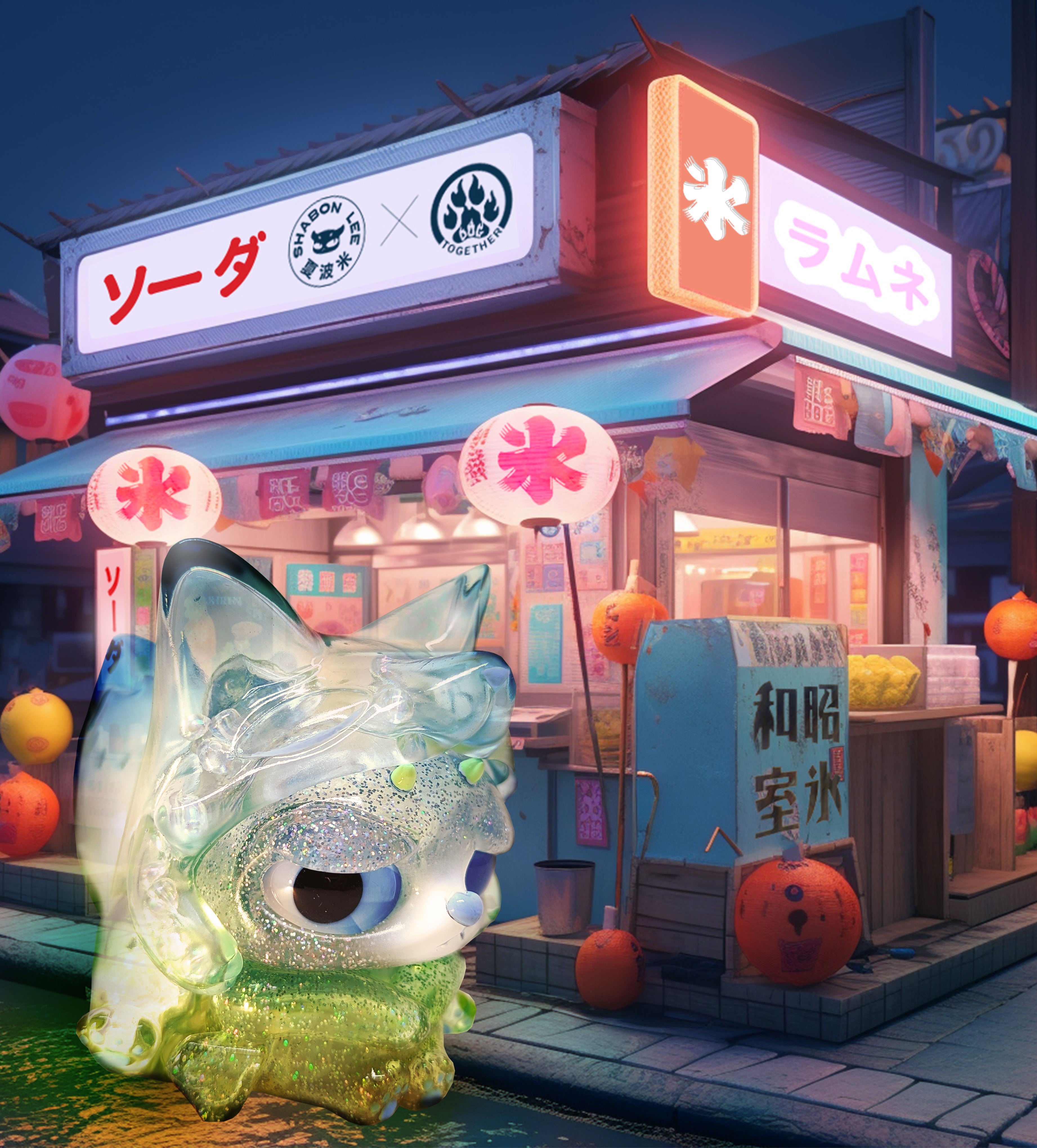 Cartoon character in front of store with plastic cat statue, round orange object, paper lantern, orange, and yellow balloon.