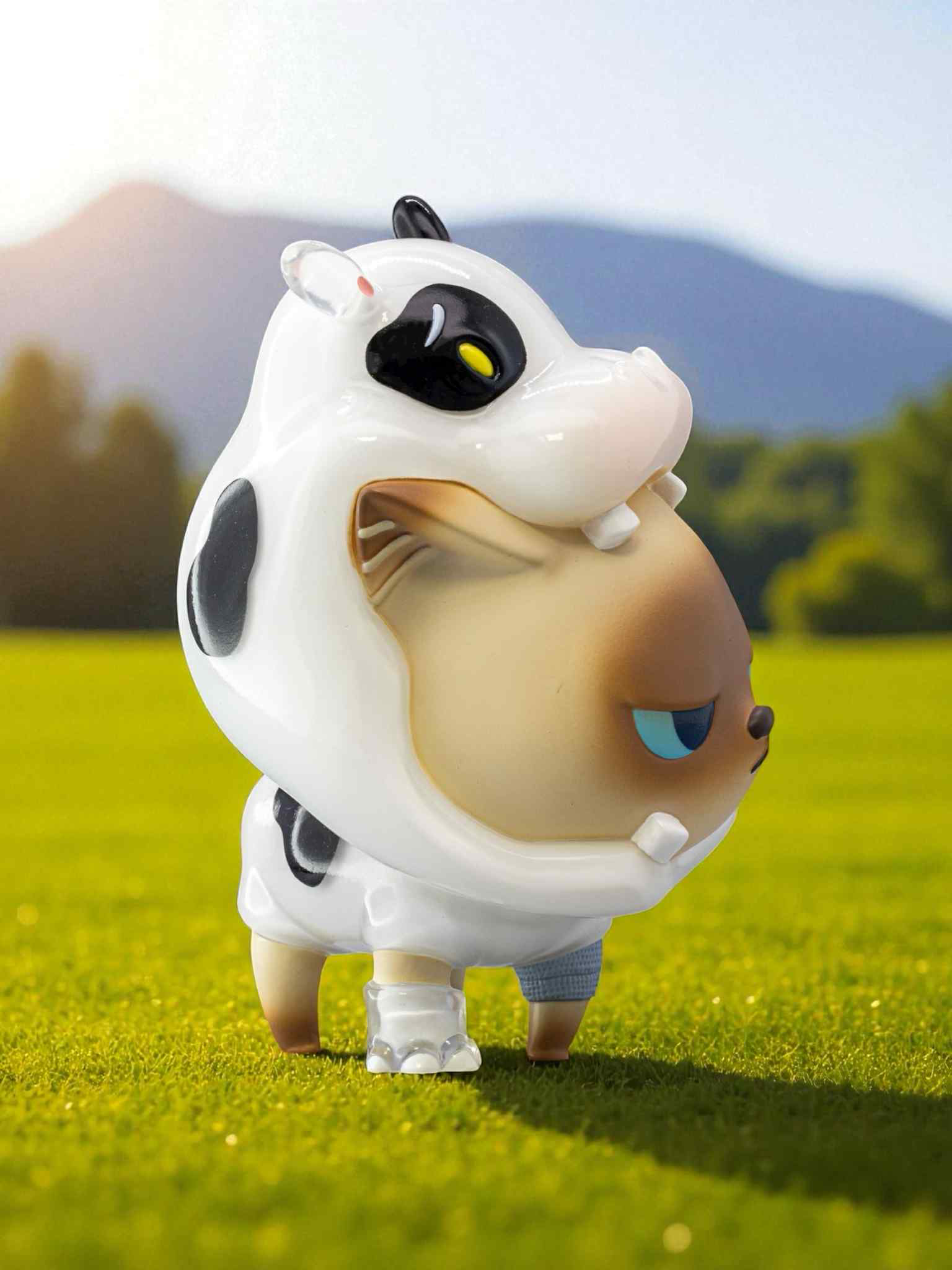 Zombo Cafe - Zombo LATTE & Cow Hibbo figurine, featuring a cartoonish animal in a cow costume, standing playfully on grass. Preorder from Strangecat Toys.
