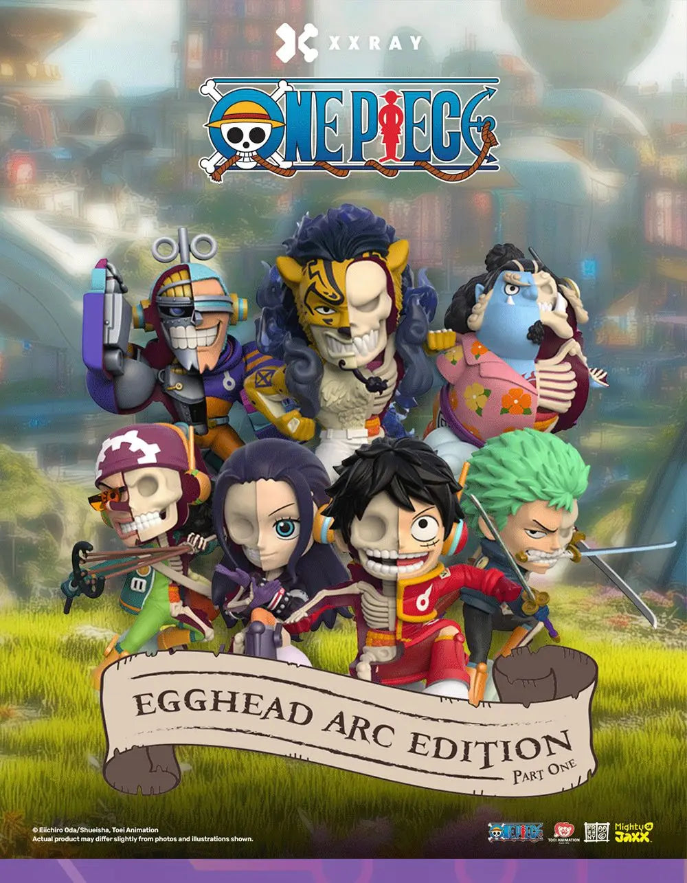 ONE PIECE x Jason Freeny Blind Box Series: Egghead Island (First Edition) featuring half-x-rayed Straw Hat crew in Egghead Arc costumes; preorder for October 2025.