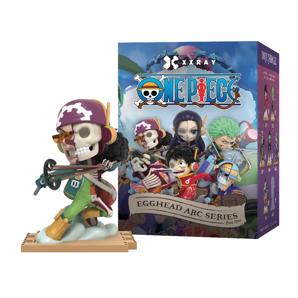 Usopp figure from ONE PIECE x Jason Freeny Blind Box Series: Egghead Island (First Edition), showcasing half anime design, half skeleton, with Series 1 box art behind.