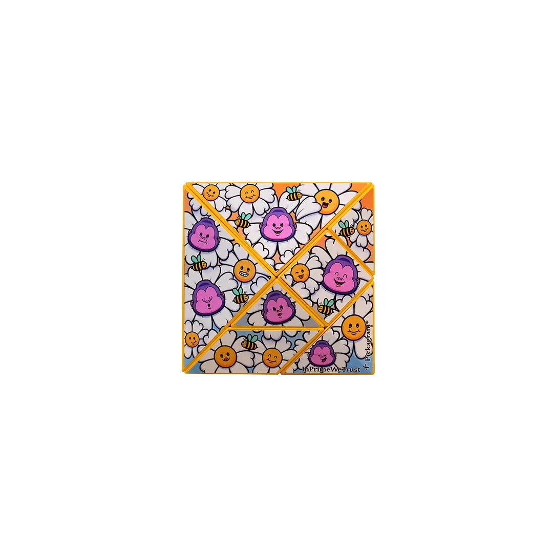 Art Pickagram 3D Puzzle X Artist_04 Xavier Alvarez features magnetized triangles with smiling daisies, striped bees, and expressive purple flowers; a playful, limited edition art toy.