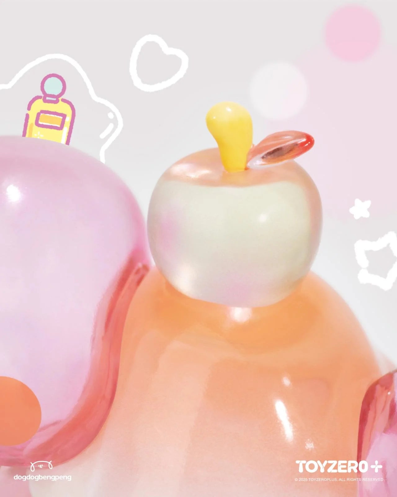 Foodie Dinosaur - Mini Fuji Perfume Bubble, a glossy vinyl toy with a fruit-like design, featuring a yellow stem and whimsical doodles in the background.