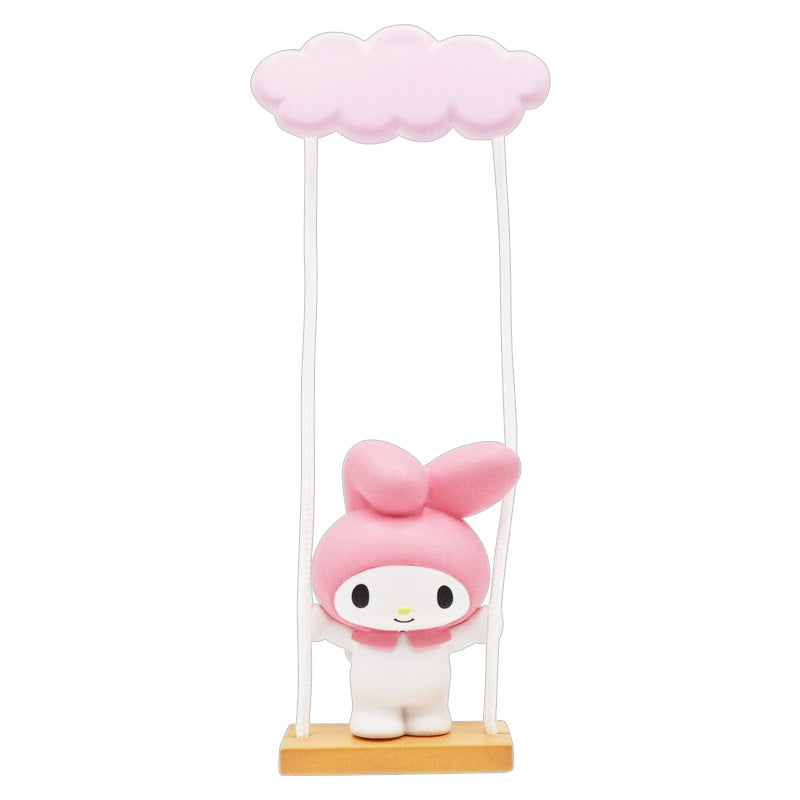 My Melody figurine on a swing from Sanrio Characters Swing Gacha Series, featuring a pink cloud overhead. Blind box collectible from Strangecat Toys.