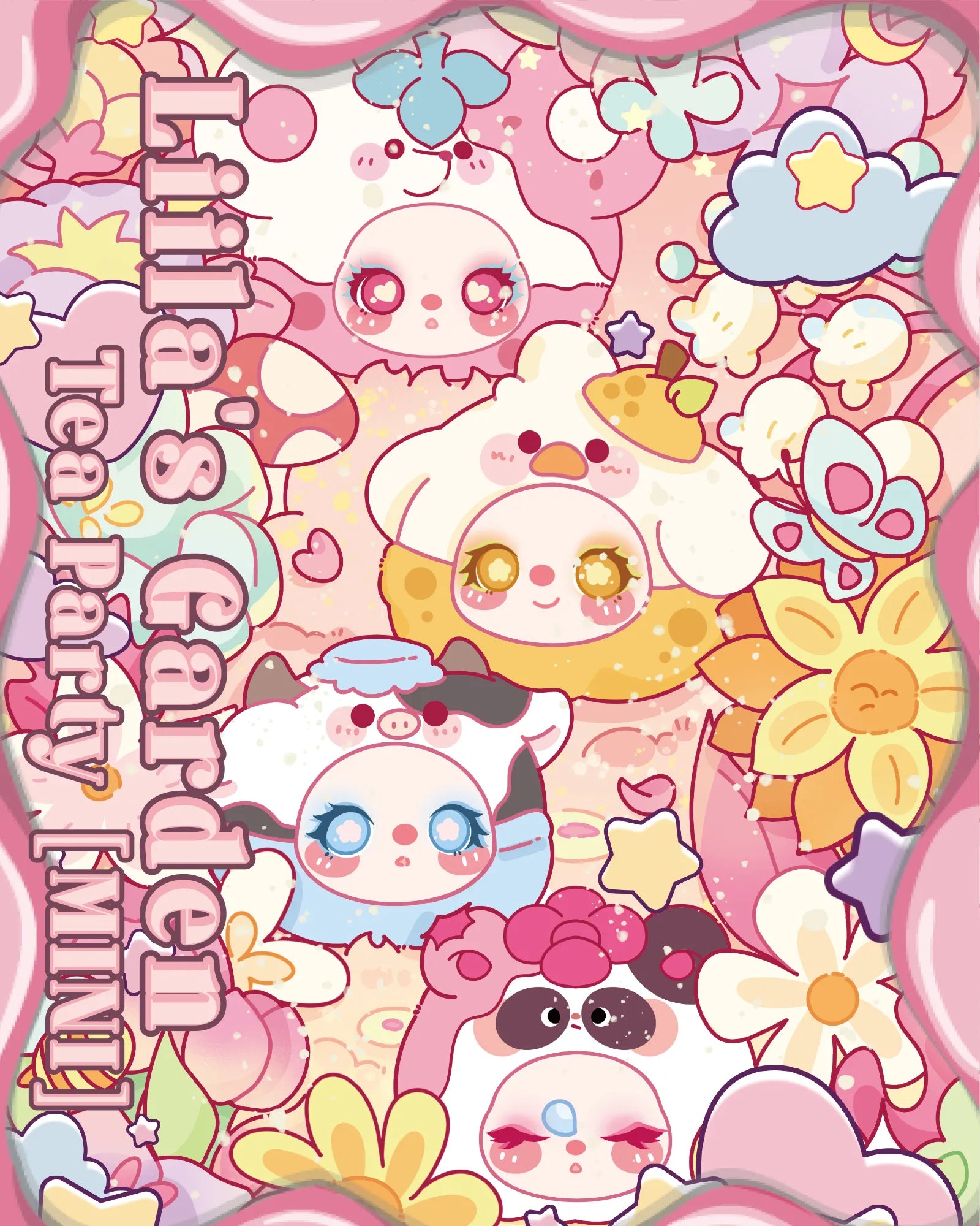 Liila’s Garden Tea Party Mini Plush Blind Box features whimsical, pastel-hued characters amid flowers and stars, offering a surprise collectible in each box.