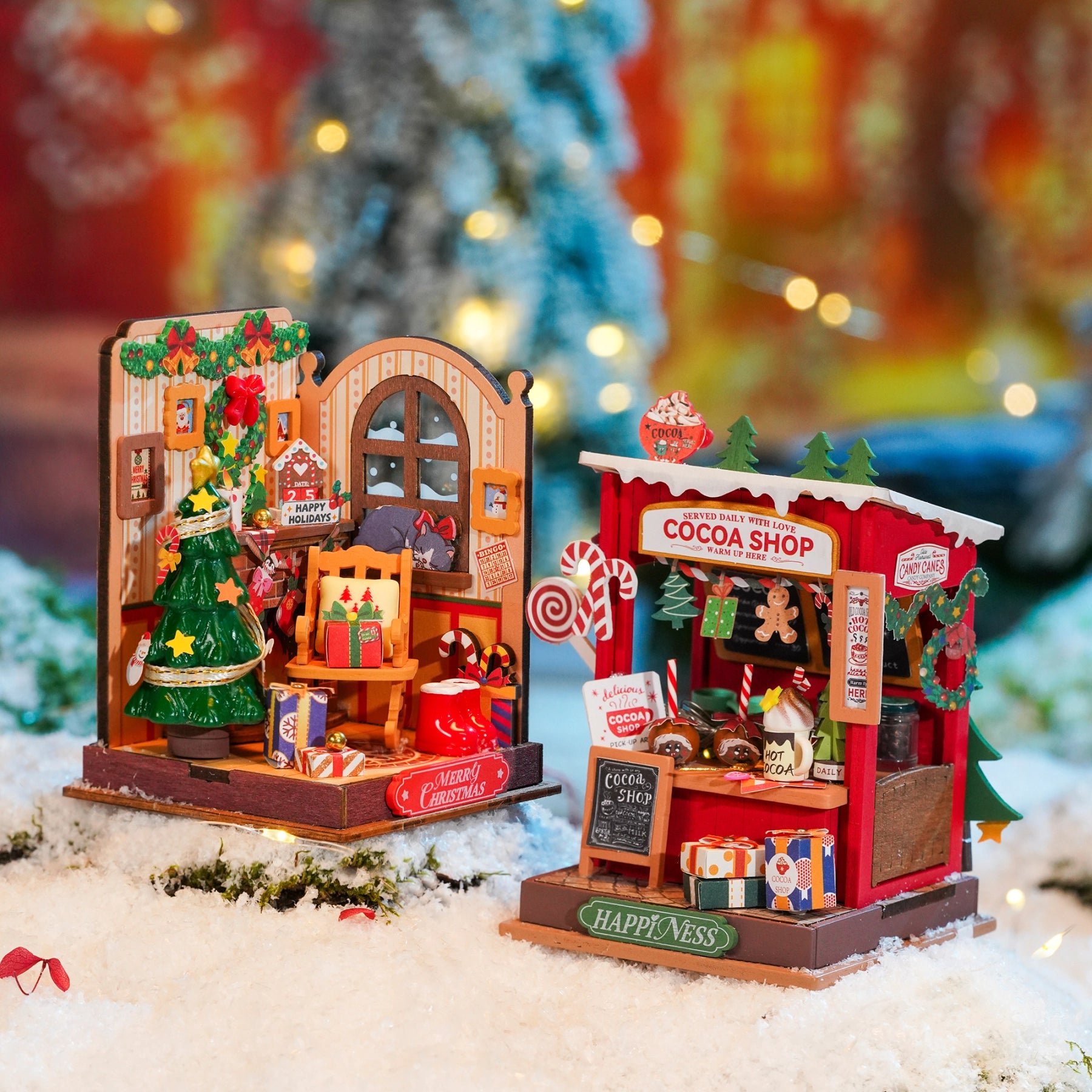 Rolife DIY Miniature House - Cocoa Shop diorama with candy-canes, gingerbread, hot cocoa, and festive decor, set in a snowy holiday scene.