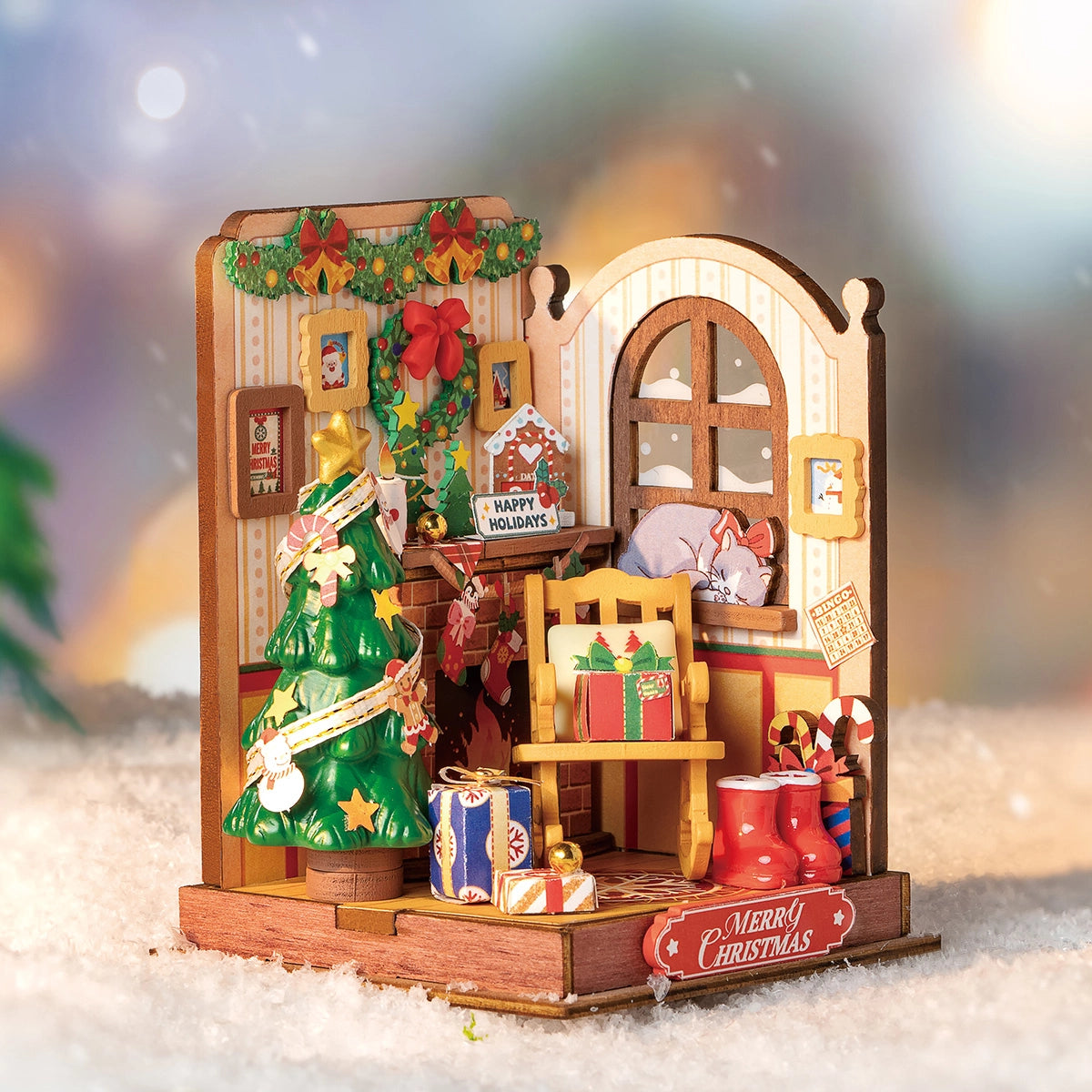 Rolife DIY Miniature House - Christmas Fireplace DS041: Handcrafted diorama with festive decor, tiny gifts, and cat by window, capturing holiday warmth and storytelling magic.