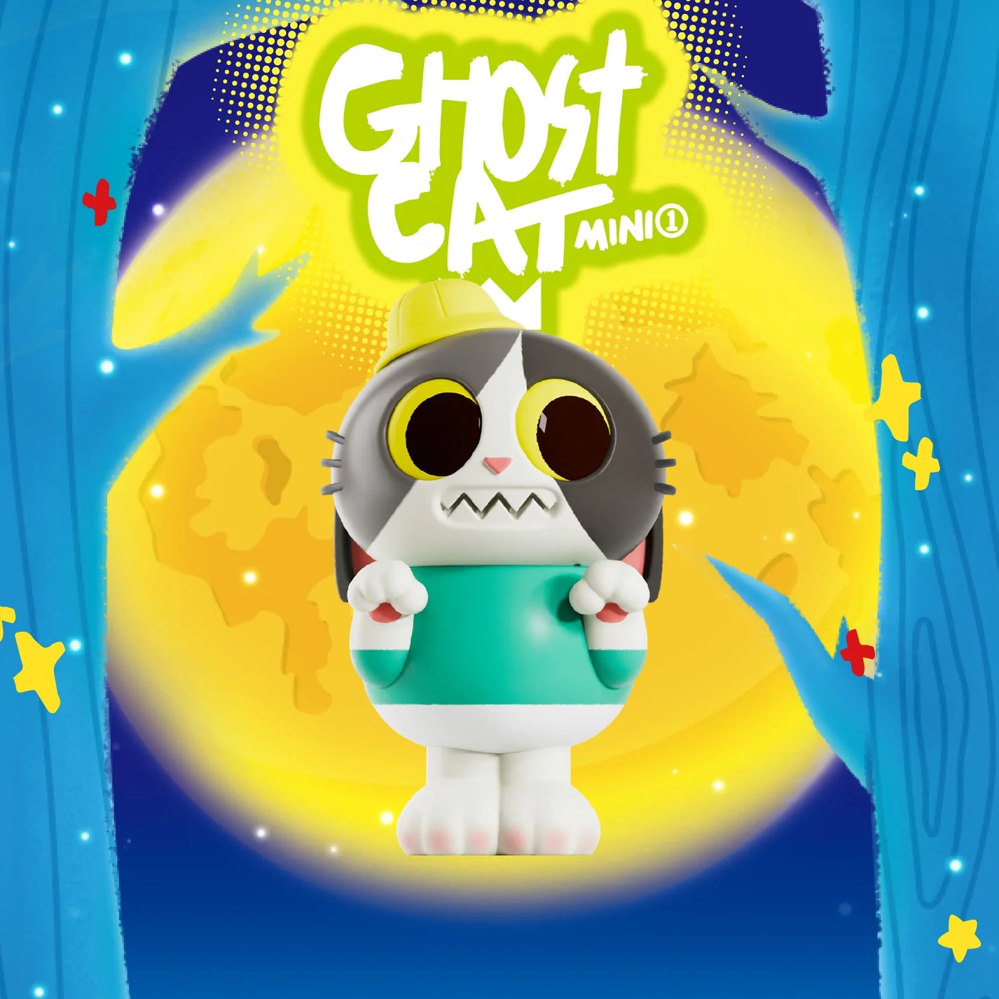 Ghost Cat Mini Blind Box featuring a cartoon cat toy with big eyes, packaged in a mystery box format, made from ABS/PVC/PC, 1.77 inches tall.