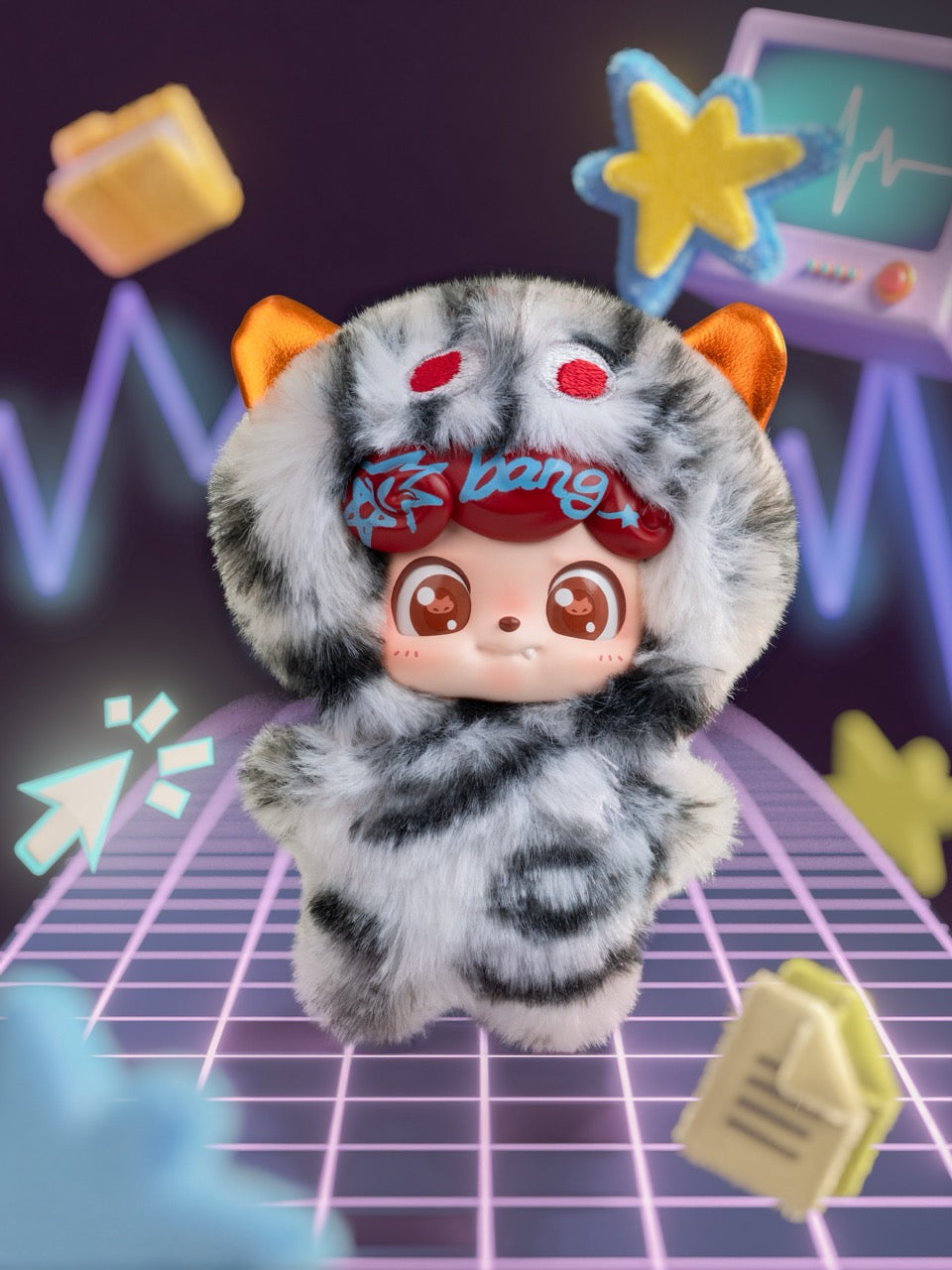 Chibi-style figure in a gray-striped suit with orange ears, from Q. Kid Wave Club Series Plush Blind Box, set against a neon-retro background.