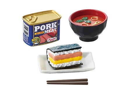 Puchi Sample Light Today's breakfast Re-ment Blind Box Series, featuring a bowl of soup with leafy vegetables and a can of meat with a label.