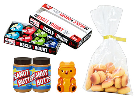 Assortment featuring Muscle Yogurt multipack, peanut butter jars, honey bear bottle, and bag of sandwich cookies from COW'S MART Re-ment Blind Box Series.