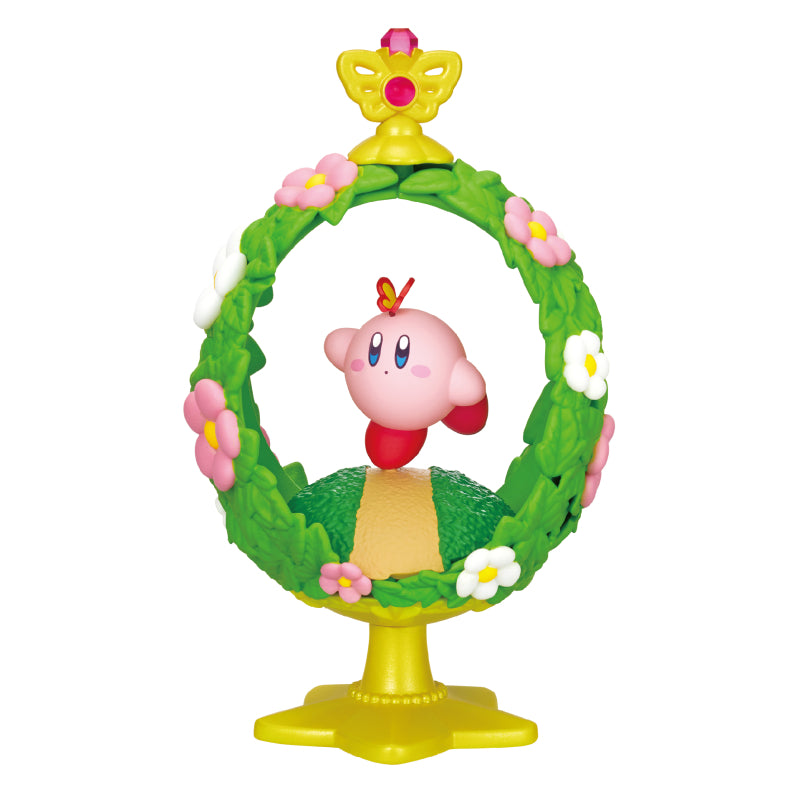 Kirby of the Stars figure from the Ovaltique Collection stands amid a leafy, flower ring on a yellow pedestal; part of Re-ment Blind Box Series.
