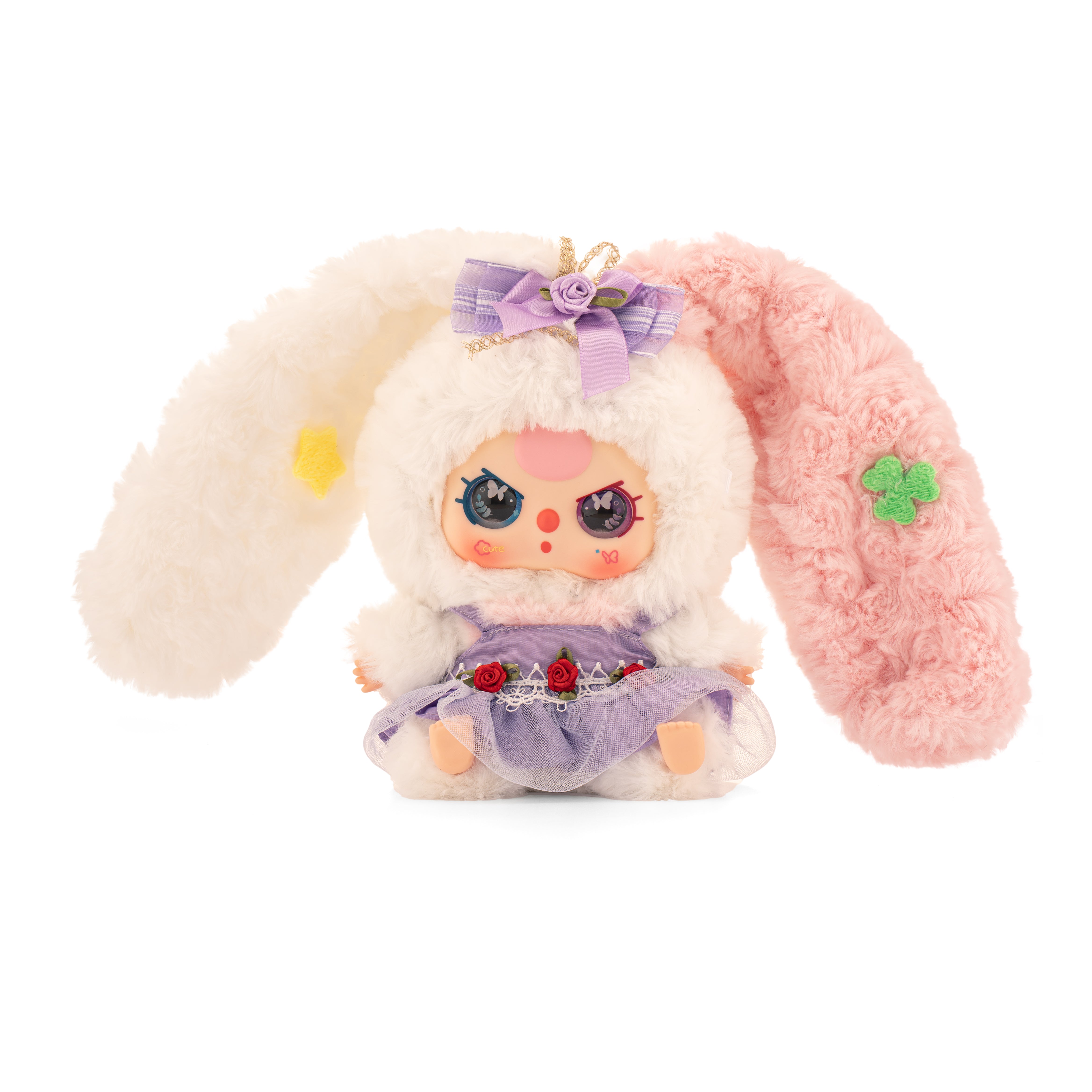 Baby Three - Lily Rabbit Town 4 doll in a fluffy bunny suit with floppy ears, a purple bow, glittery eyes, and a purple dress with rose accents.